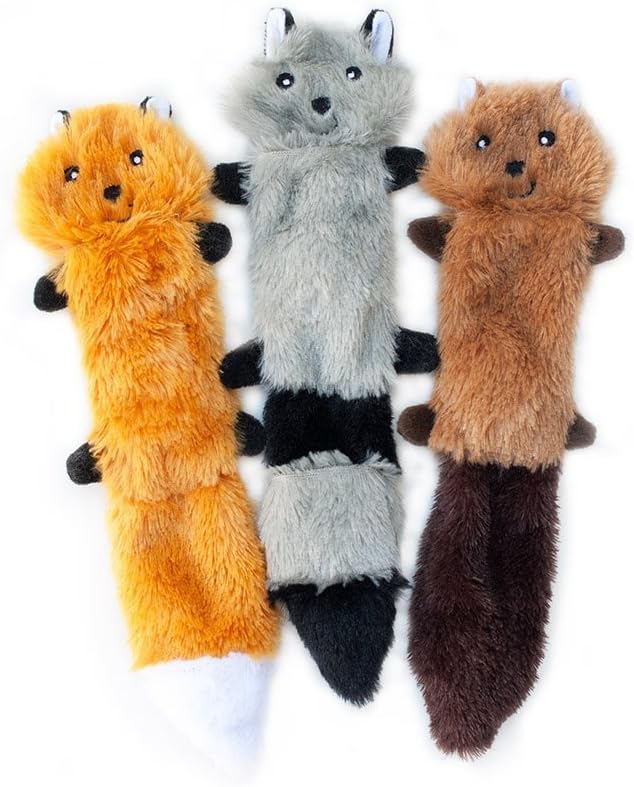 ZippyPaws Skinny Peltz - Fox, Raccoon, & Squirrel - No Stuffing Squeaky Dog Toys, Unstuffed Chew Toy